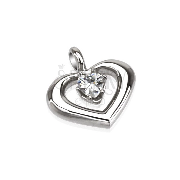 Pandantiv din oțel - contur rotund inimă, zirconiu transparent în mijloc