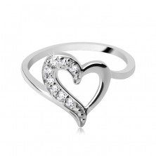 Inel argint - inimă asimetrică, o jumătate cu zirconiu
