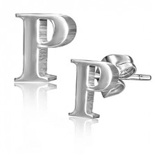 Cercei din oţel - litera P lucioasă cu aspect tip oglindă