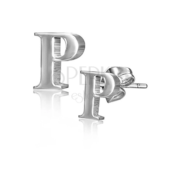 Cercei din oţel - litera P lucioasă cu aspect tip oglindă