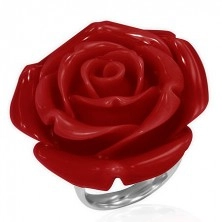 Inel din oțel - trandafir roșu înflorit realizat din rășină