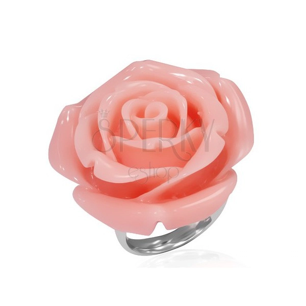 Inel din oțel - floare roz înflorită realizată din rășină